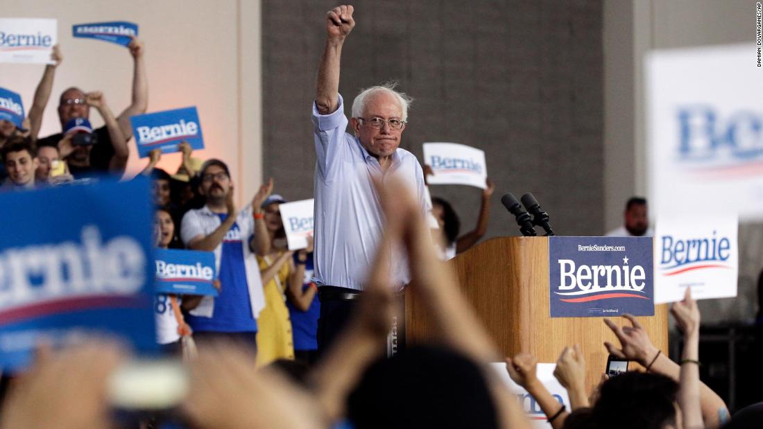 Sanders raises his fist as he holds a rally in Santa Monica, California, in July 2019.